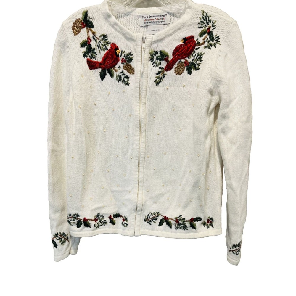 Tiera International Women’s Sweater White Sz Small Cardinal Full Zip Cardigan